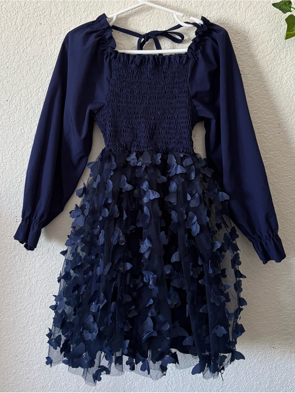 Girls' 3D Butterfly Ruffle Mesh Tulle Puff Sleeve Dress Navy Blue Size 6